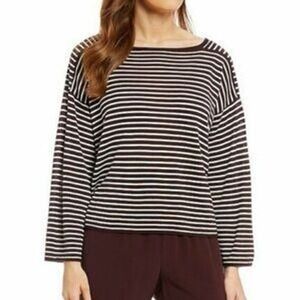 Eileen Fisher Brown‎ White Striped Top Boat Neck Long Sleeve Knit Size Medium